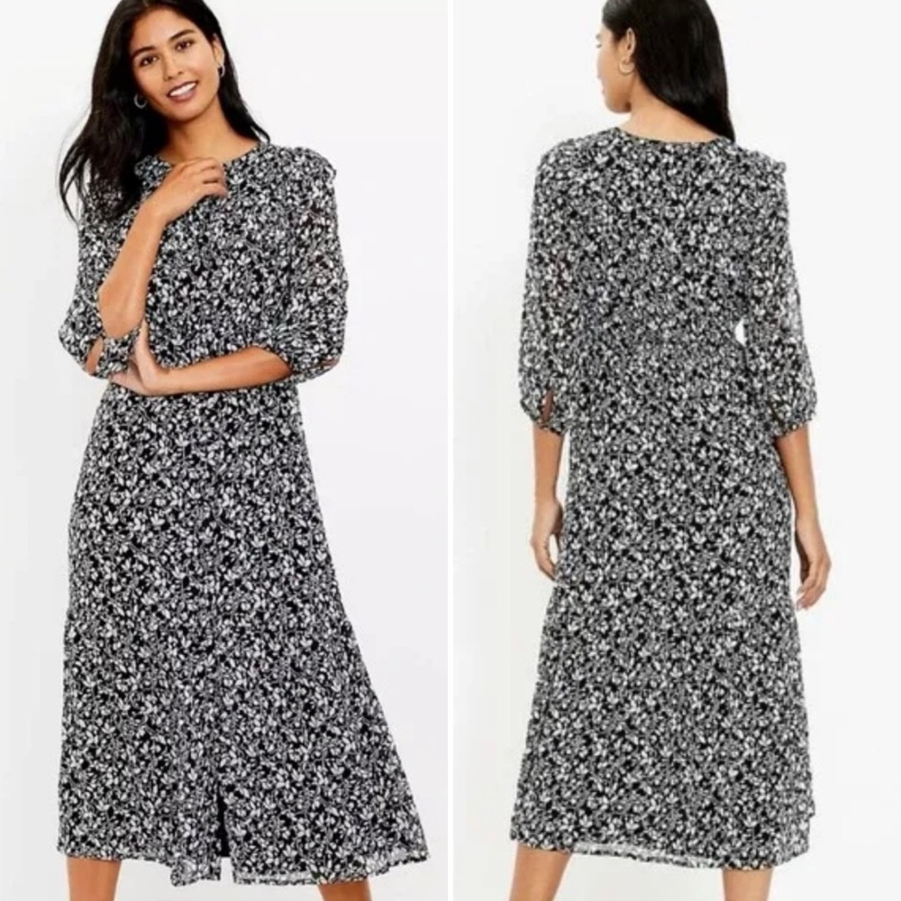 LOFT Floral Print 3/4 Sleeve Button Front Ruffle‎ Midi Shirtdress Dress Size XXL